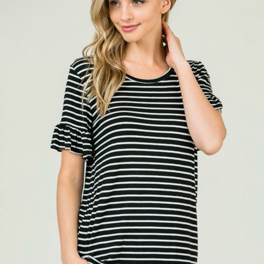 7th Ray Black and White Striped Ruffle Sleeve Top
